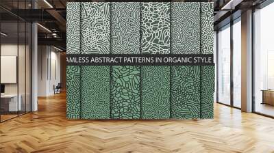 Set of 20 vector seamless organic rounded jumble maze lines patterns in green colors. Abstract backgrounds Wall mural