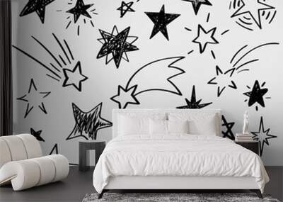 Set of black hand drawn vector stars in doodle style isolated on white background. Could be used as pattern element, cards, childish design Wall mural