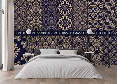 Set of ornate vector ornamenal patterns. Vintage classic backgrounds collection. 16 damask textures in gold and dark blue colors. Perfect for invitations or announcements. Wall mural