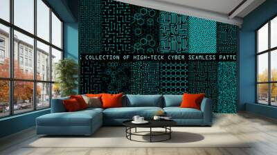 set of seamless cyber patterns. circuit board texture. collection of digital high tech style vector  Wall mural