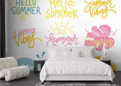 Set of summer handwritten lettering elements. Vector phrases hello summer vibes. Coloring templates Wall mural