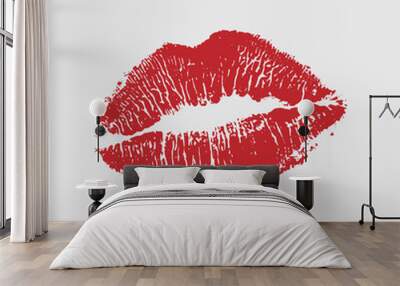 Vector illustration of womans girl red lipstick kiss mark isolated on white background. Valentines day icon, sign, symbol, clip art for design. Wall mural