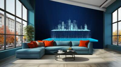 3D Rendering, Bright digital tablet and city wireframe in bright blue and white colors particles, Sphere particle line rise up. Digital technology and communication concept. Wall mural