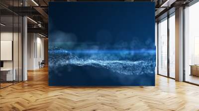 blue background, digital signature with wave particles, sparkle, veil and space with depth of field. The particles are white light lines. Wall mural