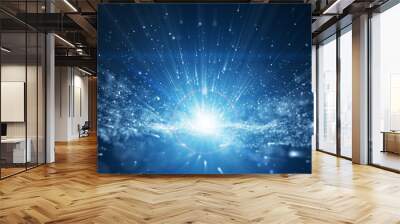 blue background, digital signature with wave particles, sparkle, veil and space with depth of field. The particles are white light lines. Wall mural