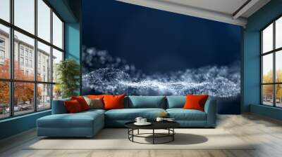 blue background, digital signature with wave particles, sparkle, veil and space with depth of field. The particles are white light lines. Wall mural