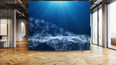 Blue digital abstract background with wave particles, glow sparkles and space with depth of field. Particles form lines, surface and grid. Wall mural