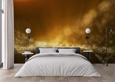 Dark brown background, digital signature with particles, sparkling waves, curtains and areas with deep depths. The particles are golden light lines. Wall mural