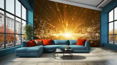 Dark brown background, digital signature with particles, sparkling waves, curtains and areas with deep depths. The particles are golden light lines. Wall mural