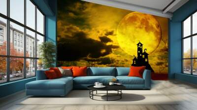 Dark castle with dramatic sky, tree, full moon and clouds, Warm Wall mural