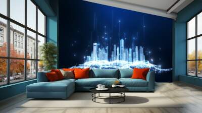 Futuristic digital city skyline. Big data, Artificial intelligence, Internet of things. 3D rendering. Wall mural