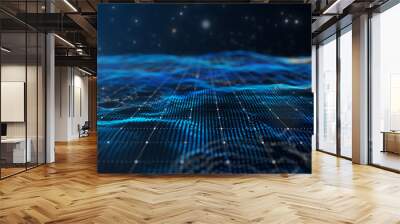 Futuristic flying over 3D blue digital landscape mountain terrain abstract technology background. Wall mural