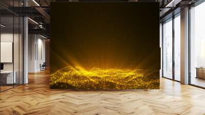 Glow golden dust particle glitter sparks abstract background for celebration with light beam and shine in center. Wall mural