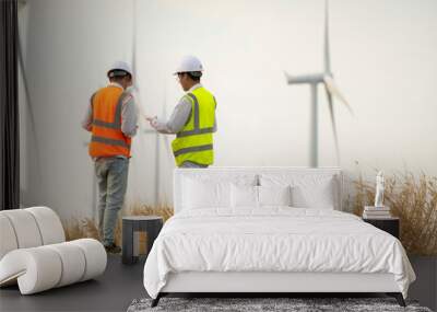 Two Asian engineers or technician men in uniform discuss  and checking. Wind turbines ecological energy industry power windmill field worker renewable background. Wall mural