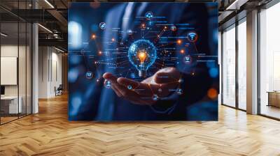 Business professional holding a glowing digital brain, representing artificial intelligence and innovation in technology.
 Wall mural