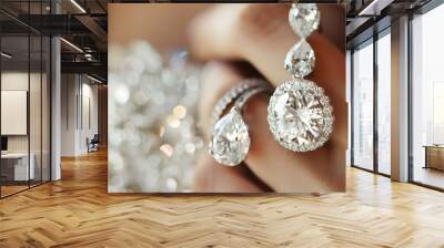 Close-up of sparkling diamond earrings and matching ring on a blurred background.
 Wall mural