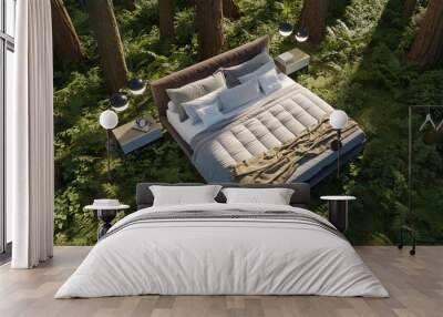 3d-render. A bed in an summer forest in a clearing among trees. Wall mural