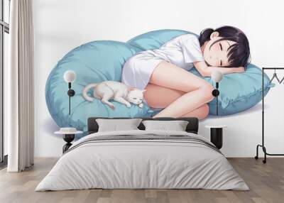 Girl sleeping on a pillow with a cat, on a white background. In anime style. Wall mural