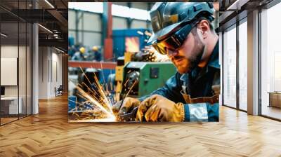 Interior of heavy engineering plant with industrial worker. Metal specialist in protective uniform and helmet. Wall mural