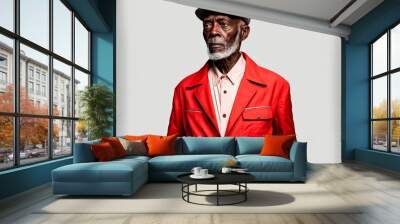 A black old man with a gray beard in an outfit with a red jacket and light pink shirt and a flat cap Looking away - Generative AI Wall mural