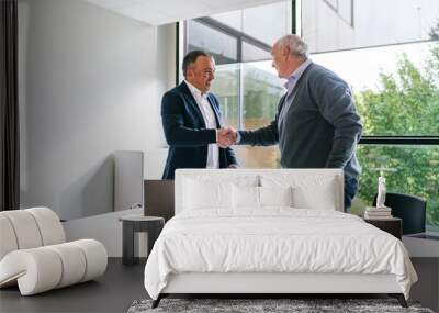 Two men, a businessman and a client, shake hands after a successful business deal on VR glasses in a modern office environment. Wall mural