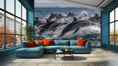 A school of dolphins swimming together and leaping out of the water, concept of Marine biodiversity, created with Generative AI technology Wall mural