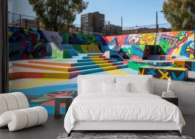 A skate park adorned with vibrant murals, fusing urban sports and street art in a dynamic public space, concept of Community engagement, created with Generative AI technology Wall mural