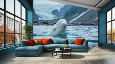 Beluga whale in the water on the seashore , concept of Marine mammal Wall mural