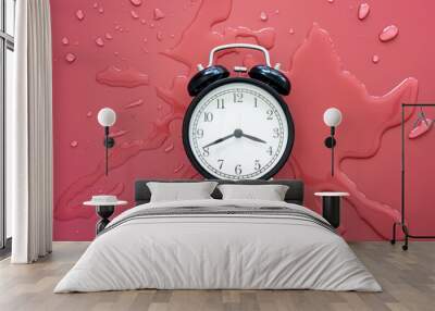 Black retro alarm clock in a pool of spilled water on a red background. Top view.  Wall mural