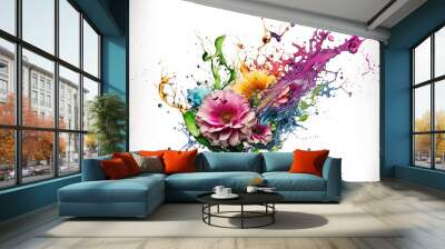 Bouquet of flowers in splashes of colorful water, on a white background, created with Generative AI technology. Wall mural