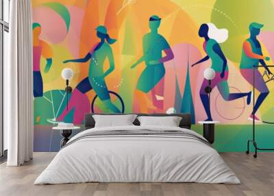 Colorful image of diverse people engaging in physical activity, highlighting the importance of exercise for overall health, concept of Physical fitness benefits, created with Generative AI technology Wall mural