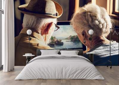 elderly couple using tablet to plan the travel , concept of Technology Adoption and Intergenerational Bonding, created with Generative AI technology Wall mural