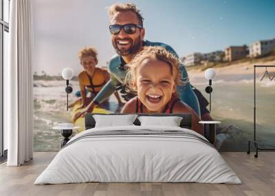 Happy families riding the waves, enjoying collective surfing lessons during a seaside holiday , concept of Community bonding Wall mural