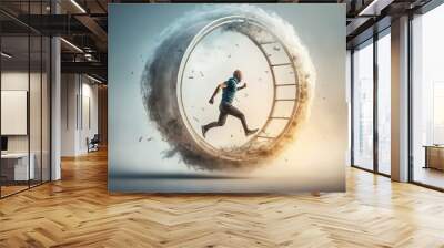 human-sized hamster wheel with person running inside suspended, concept of Exercise and Suspension, created with Generative AI technology Wall mural