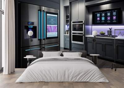 Kitchen with smart appliances with display screen and a smart oven with voice-controlled settings, concept of Smart Home and Artificial Intelligence, created with Generative AI technology Wall mural