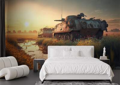 Old tank overgrown with flowers, on a lawn, in the evening, against the backdrop of the setting sun, created with Generative AI technology. Postwar period. Peaceful life concept. No war. Wall mural