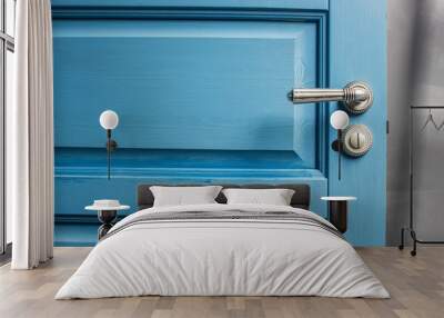 open wooden door painted in blue with a beautiful a metal handle and the castle Wall mural