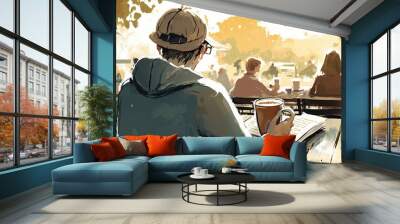 Person enjoying coffee at outdoor cafe while reading book at local farmers market, concept of Relaxation and Community, created with Generative AI technology Wall mural