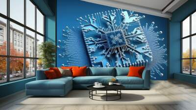 Snowflake made of microchip on blue background, concept of technology and cooling, created with Generative AI technology Wall mural