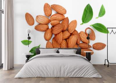 almonds with leaves isolated on white background. top view. flat lay Wall mural