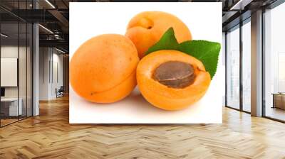 Apricot fruits with leaves isolated on white background macro Wall mural