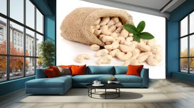 cashew nuts with leaf in bag isolated on white background Wall mural