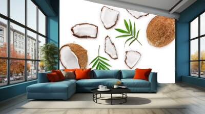 coconut with leaves isolated on white background. Top view. Flat lay Wall mural