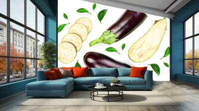 eggplant or aubergine isolated on white background decorated with green leaves. Top view. Flat lay pattern Wall mural