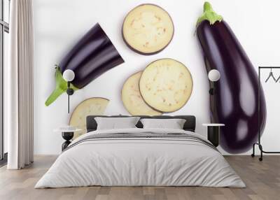 Eggplant or aubergine with slices isolated on white background. Clipping path and full depth of field. top, view, flat lay Wall mural