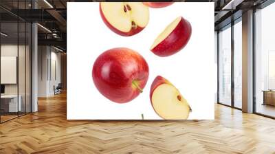 falling Red apple slices isolated on white background, Wall mural