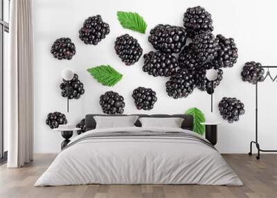 Fresh blackberry with leaves isolated on white background. Top view. Flat lay pattern Wall mural