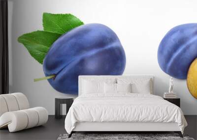 fresh blue plum with leaves isolated on white background. Set or collection Wall mural