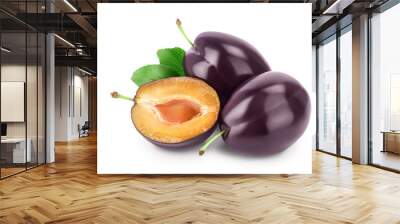 fresh purple plum and half with leaves isolated on white background with clipping path and full depth of field Wall mural