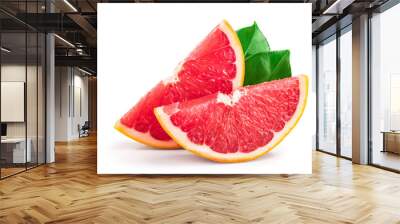 Grapefruit slices with leaves isolated on white background Wall mural